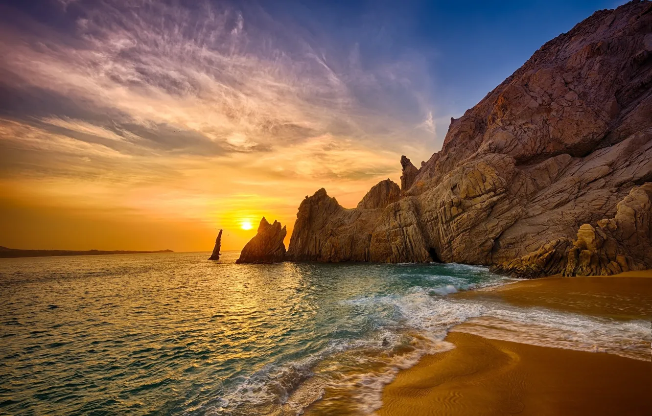 Photo wallpaper sea, landscape, sunset, nature, rocks, coast, beauty