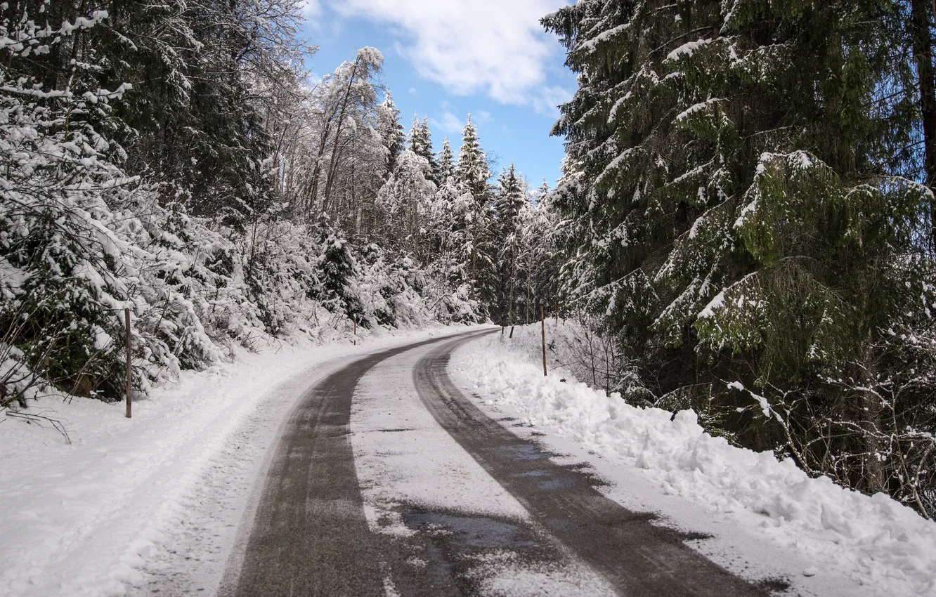 Photo wallpaper winter, road, forest, the sky, clouds, snow, trees, landscape