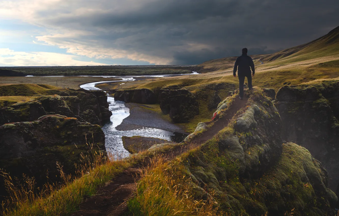 Photo wallpaper Nature, Path, River, People, Landscape, Iceland, Top