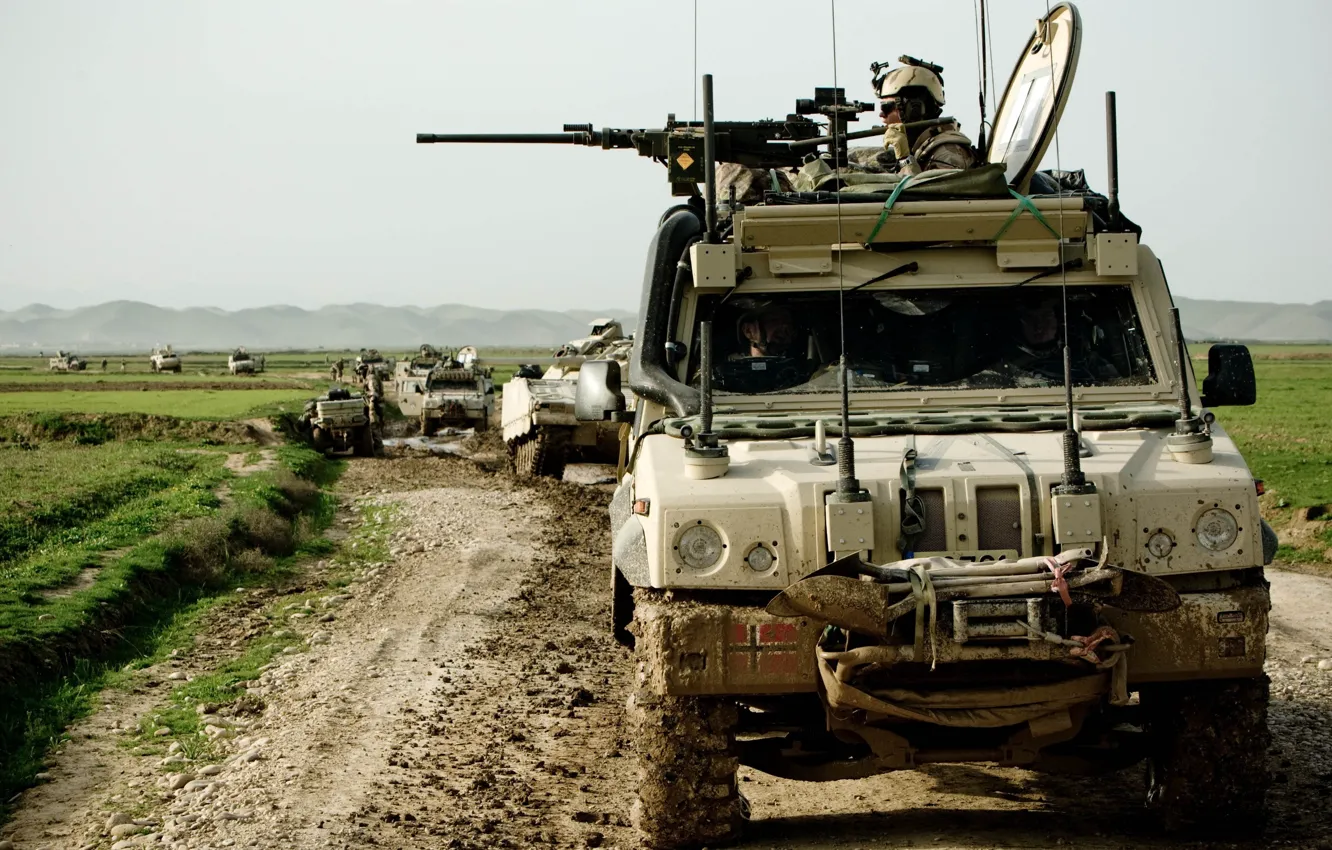 Photo wallpaper road, grass, weapons, technique, plain, dirt, columns, military