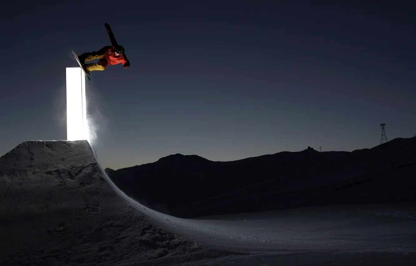 Photo wallpaper light, night, snowboard, snowboard, jump