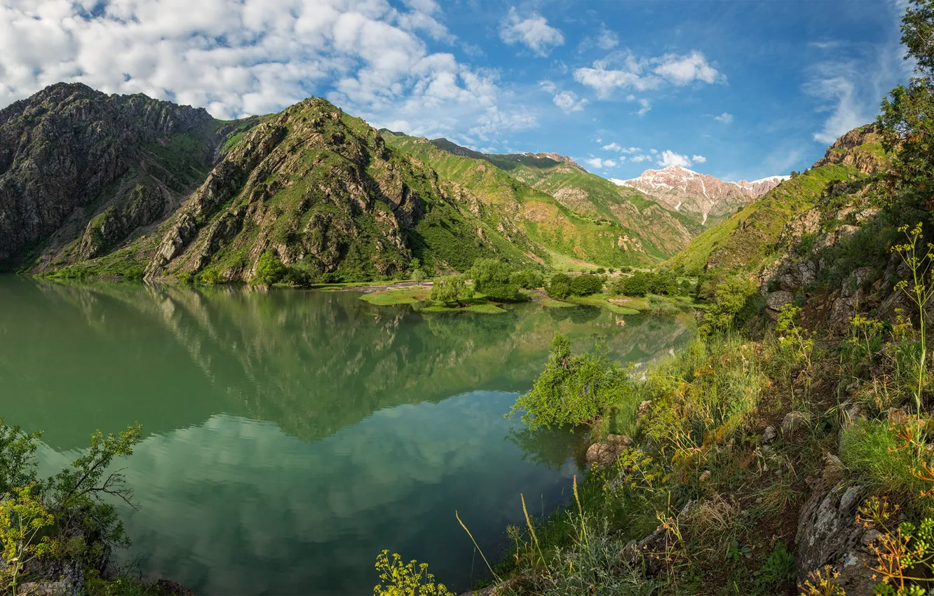 Photo wallpaper landscape, mountains, nature, lake, vegetation, Uzbekistan, Urungach