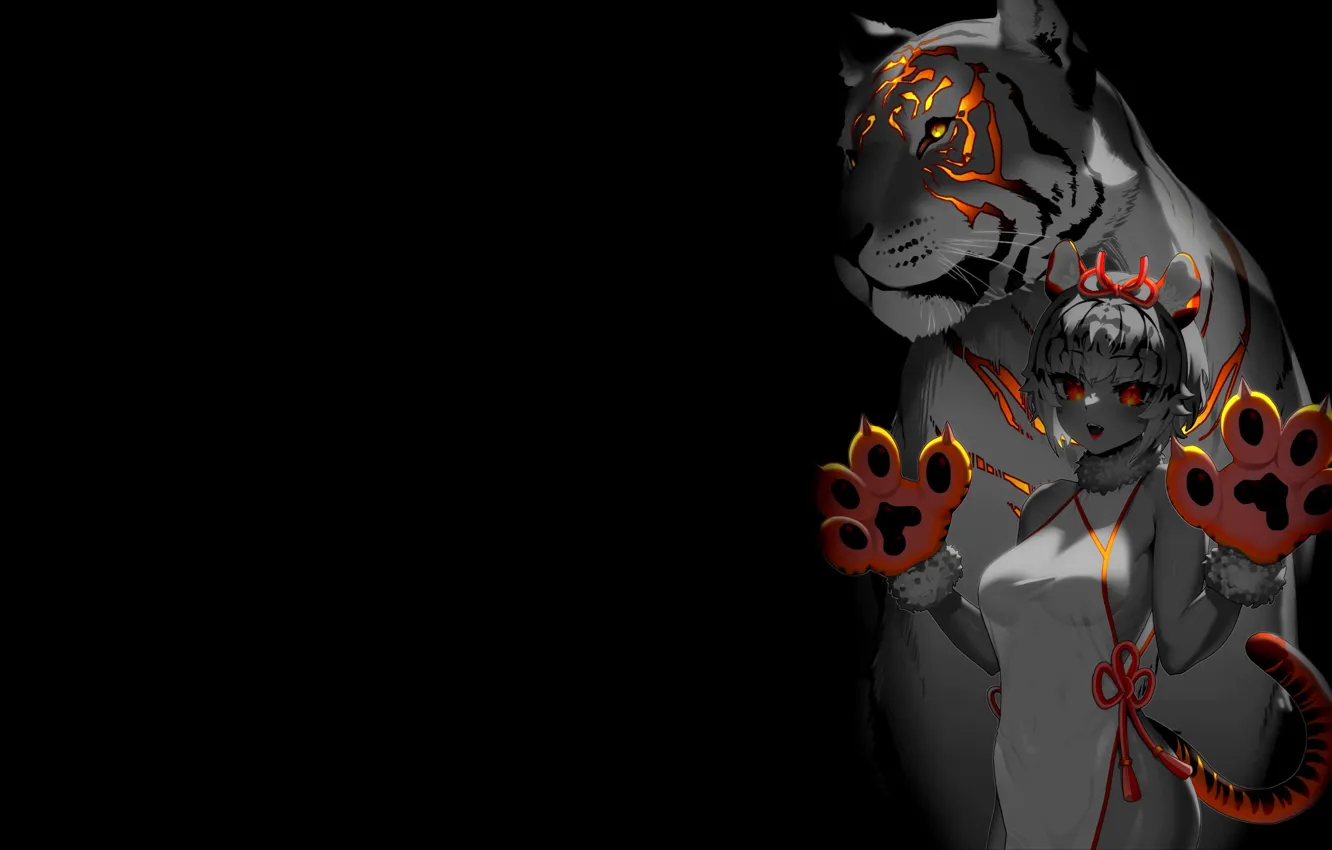 Photo wallpaper tiger, pose, the dark background, legs, positive, anime, beautiful girl, anime