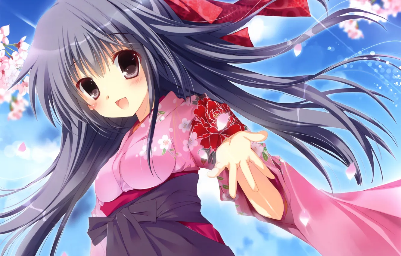 Photo wallpaper the sky, girl, clouds, flowers, anime, hands, petals, Sakura