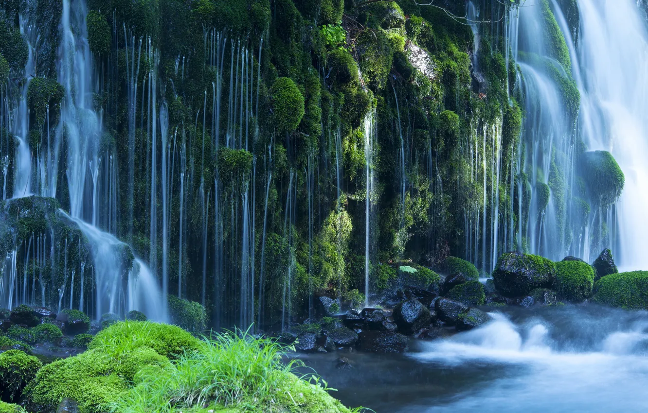 Photo wallpaper stones, waterfall, moss, stream