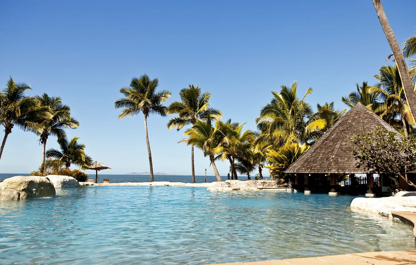 Photo wallpaper palm trees, the ocean, pool, Bungalow, fiji, islands