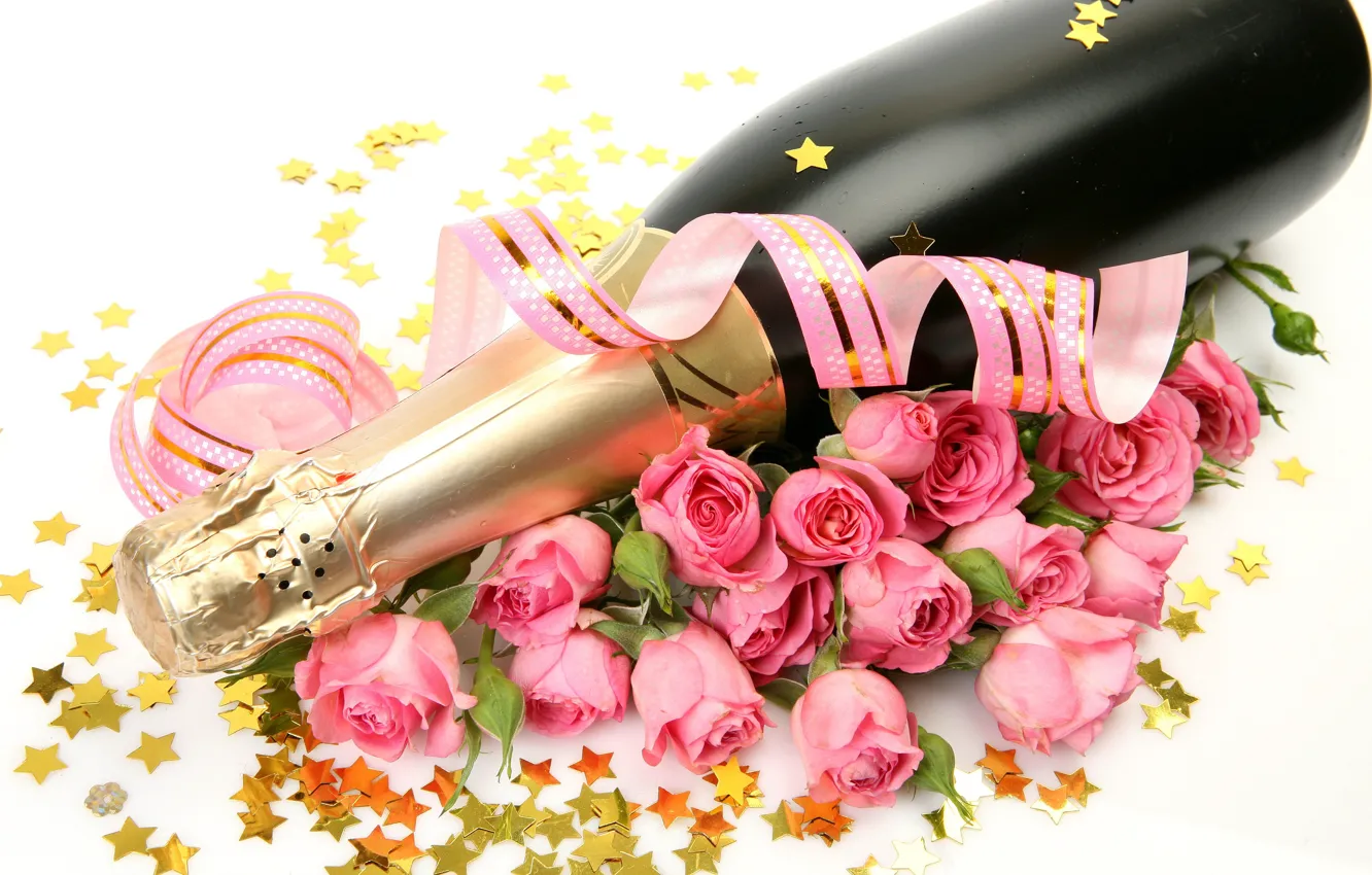 Photo wallpaper bottle, roses, bouquet, white background, stars, pink, champagne, ribbon