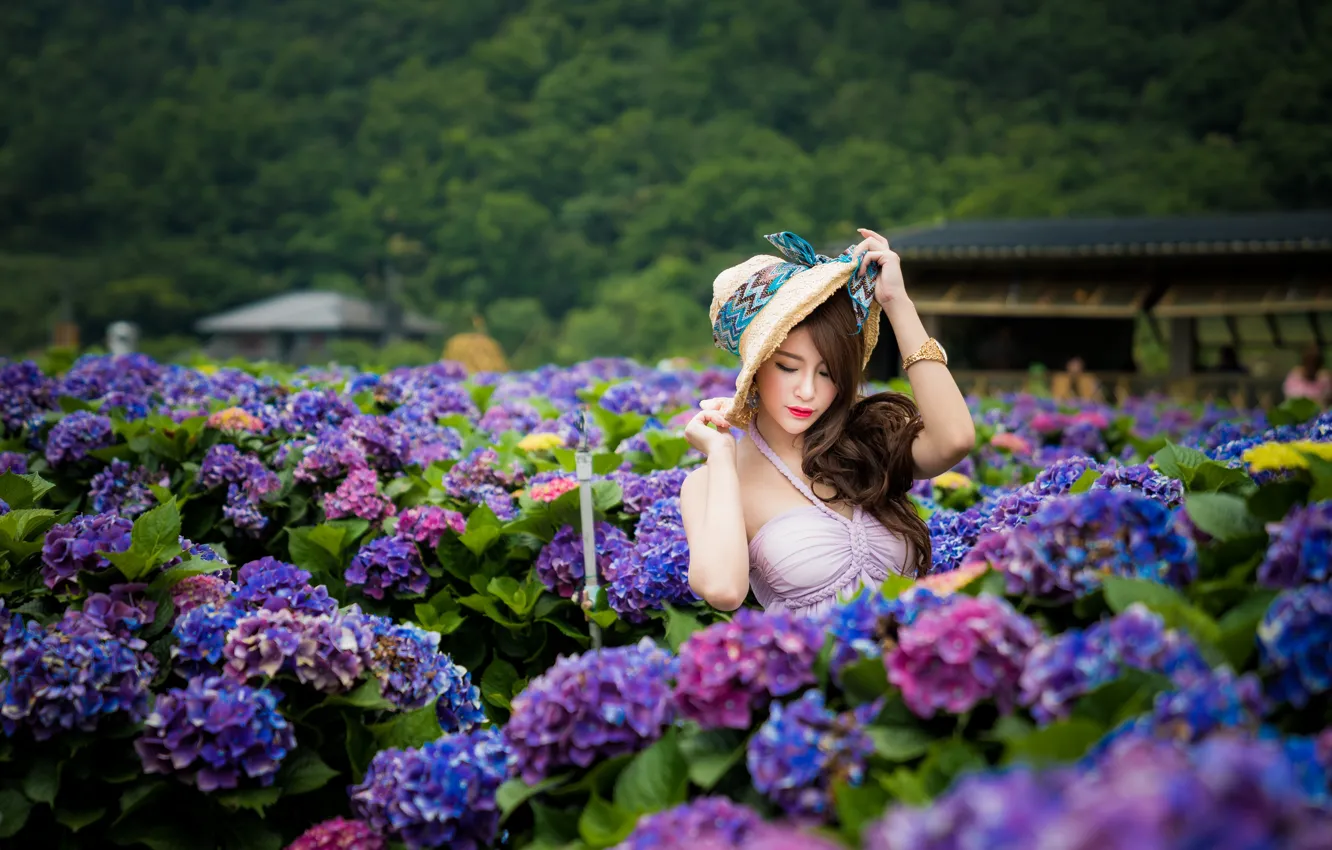 Photo wallpaper girl, flowers, Asian, cutie