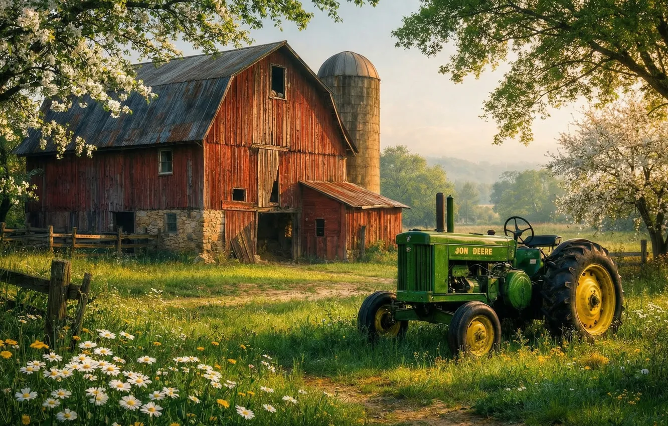 Photo wallpaper landscape, spring, art, tractor, farm