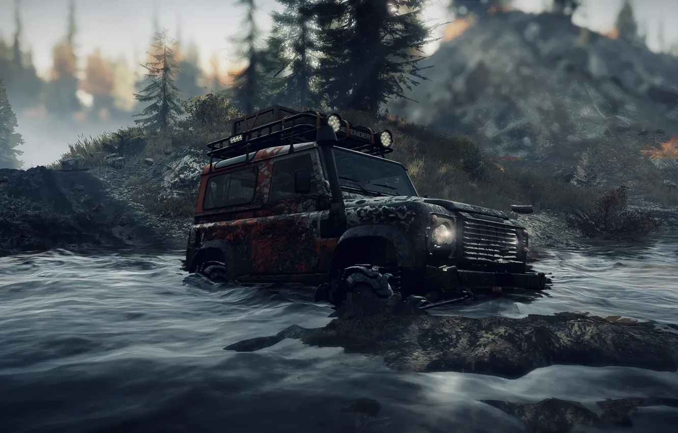 Photo wallpaper HDR, Land Rover, Wood, Water, Lights, Game, Defender, River