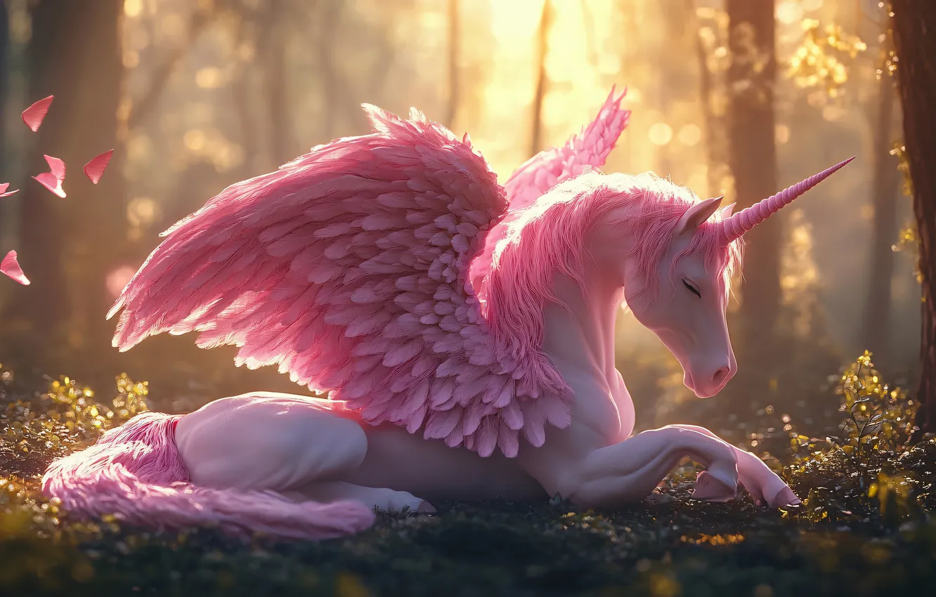 Photo wallpaper forest, light, branches, horse, horse, wings, morning, fantasy