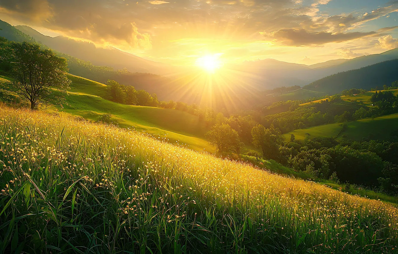 Photo wallpaper field, forest, summer, grass, the sun, clouds, rays, landscape