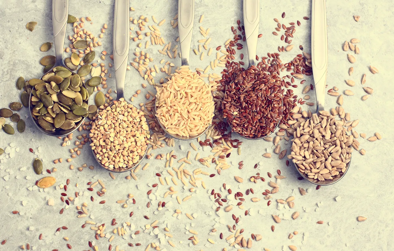 Photo wallpaper pumpkin, figure, cereals, seeds, sunflower, spoon, Krupa, len