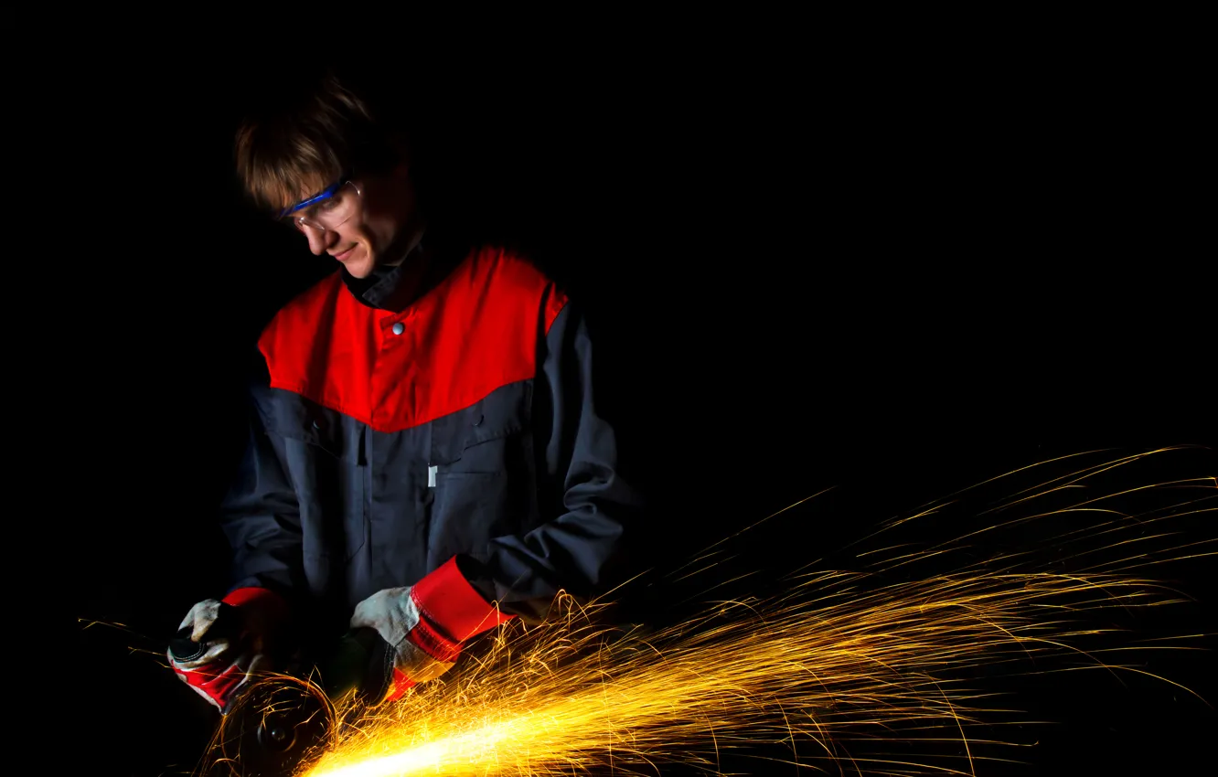 Photo wallpaper metal, sparks, grinder, metallurgical worker