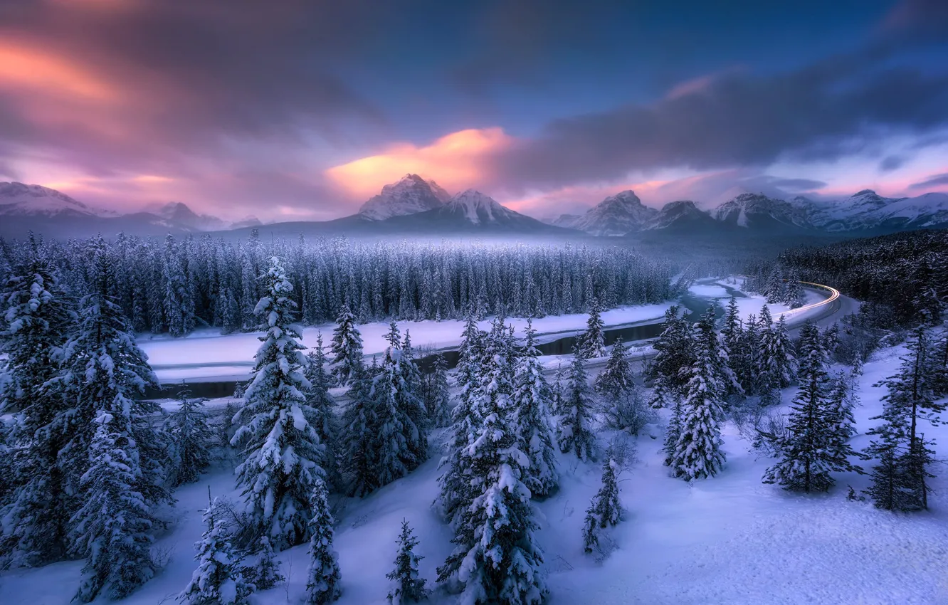 Photo wallpaper winter, forest, snow, trees, landscape, sunset, mountains, Canada