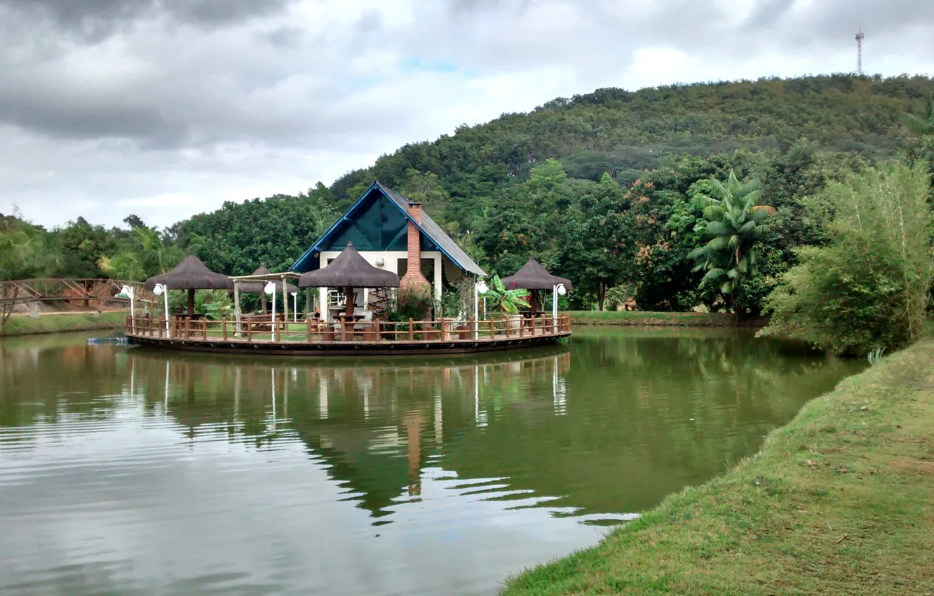 Photo wallpaper the sky, trees, mountains, lake, pond, island, cafe