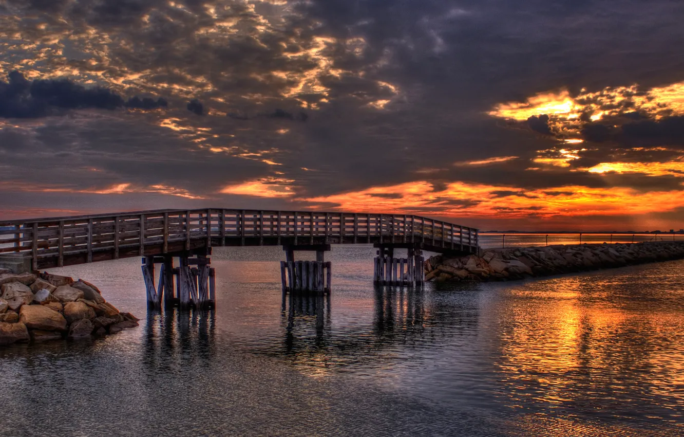Photo wallpaper sea, stones, bridge, glow, the sky, clouds, HDR