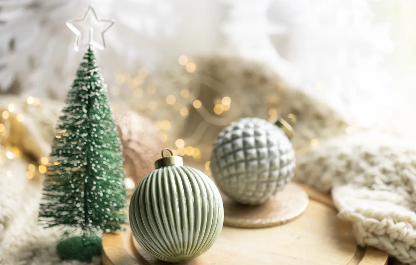Photo wallpaper balls, light, holiday, toy, new year, Christmas, garland, herringbone