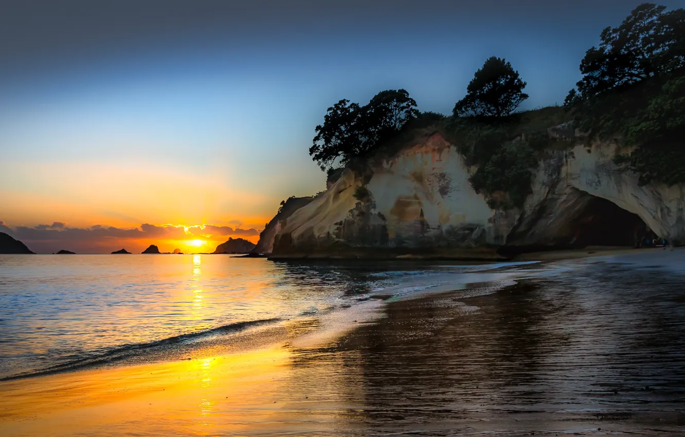 Photo wallpaper sea, beach, the sky, trees, sunset, rocks, coast, New Zealand