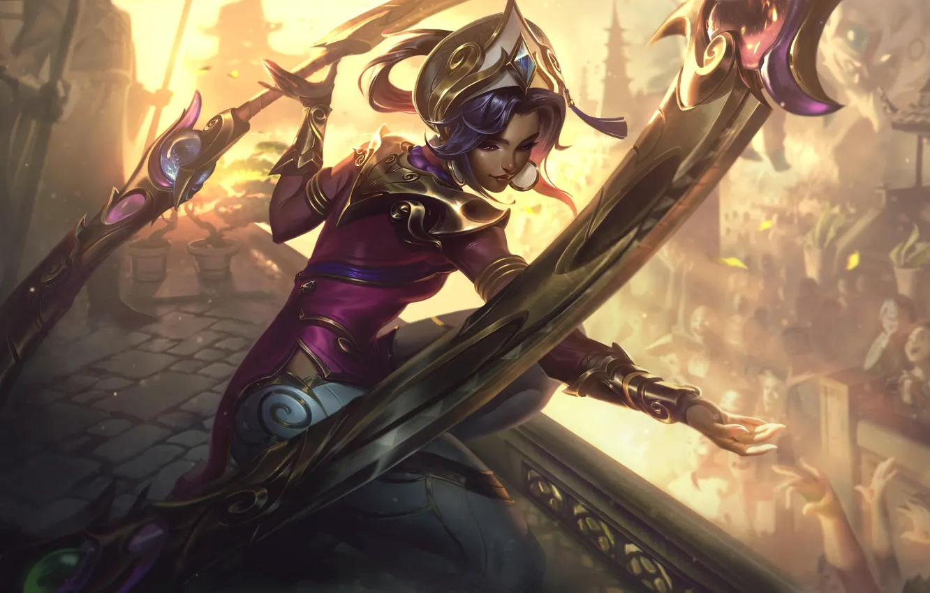 Photo wallpaper girl, weapons, the game, armor, gesture, League of Legends, digital art, Riot Games