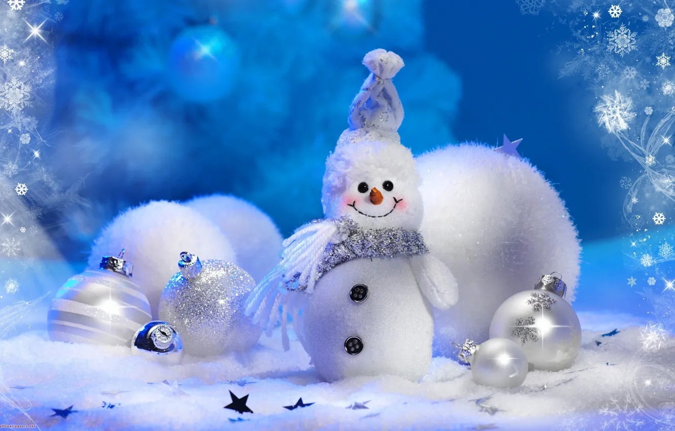Photo wallpaper winter, balls, snowflakes, holiday, toys, tree, new year, snowman