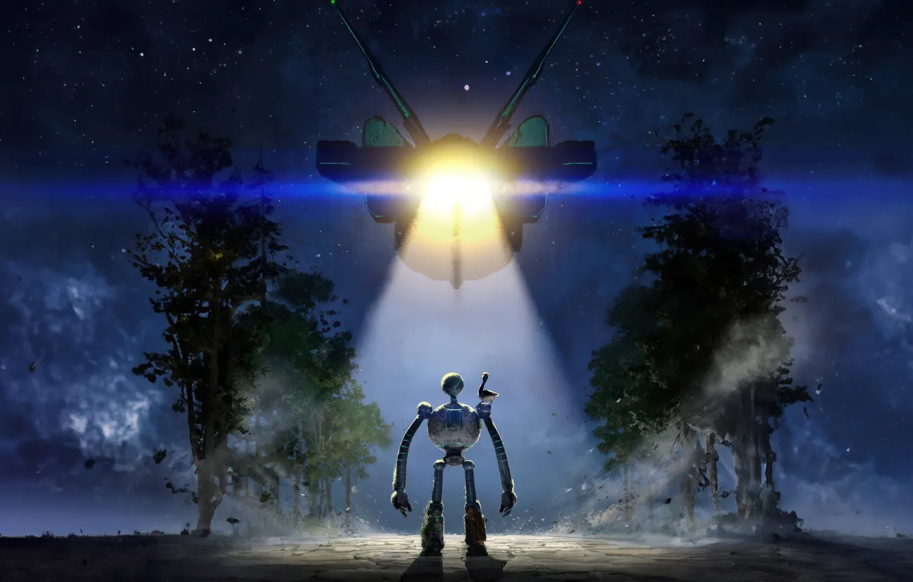 Photo wallpaper light, night, robot, the plane, The Wild Robot