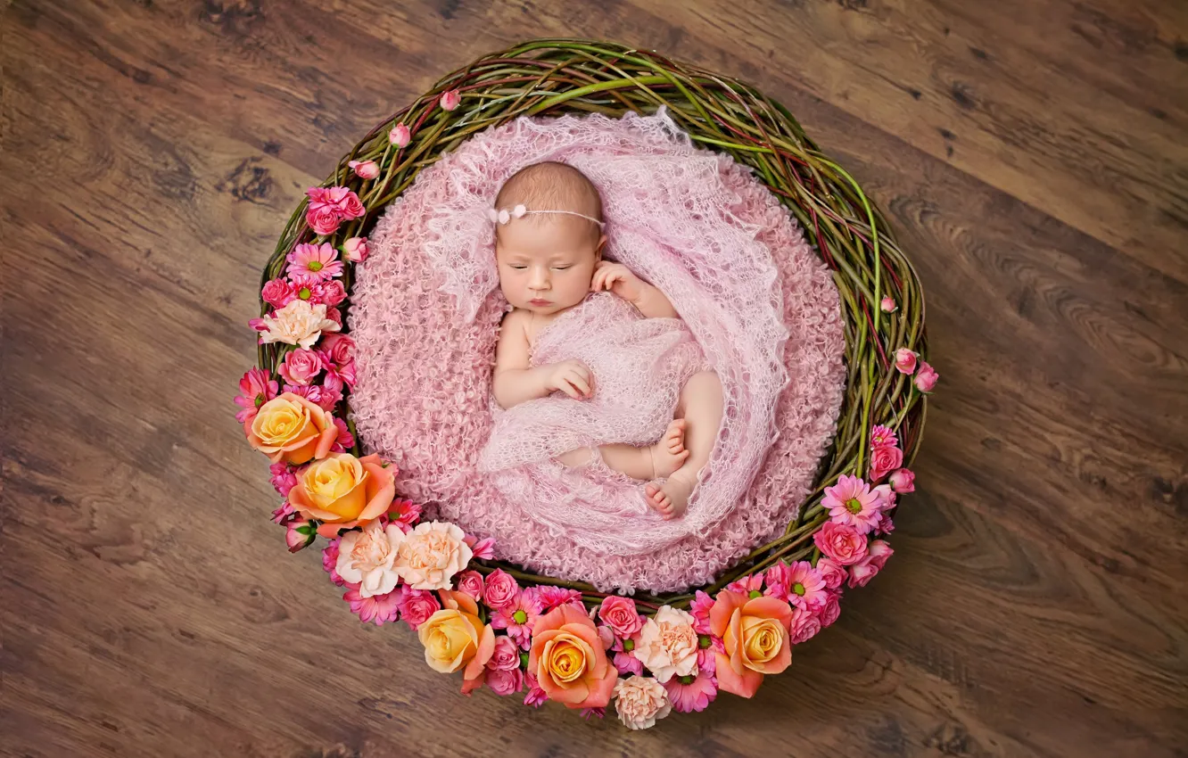 Photo wallpaper flowers, basket, baby, basket, wicker, infants