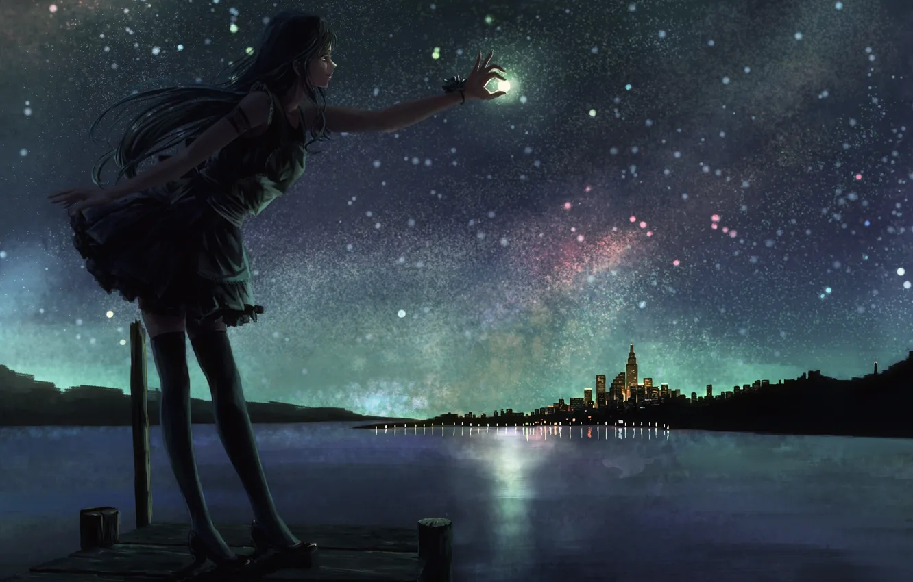 Photo wallpaper the sky, girl, stars, night, the city, lake, the moon, anime