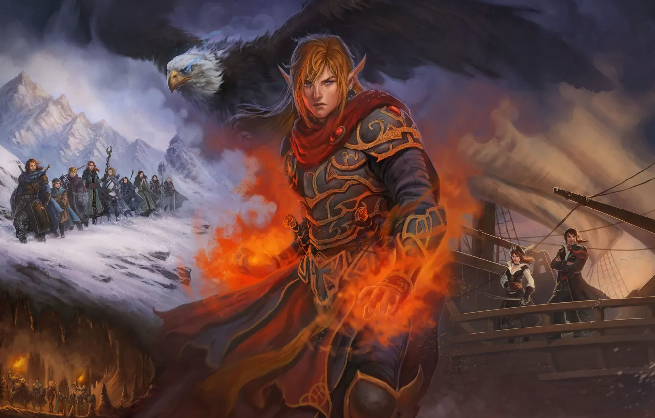 Photo wallpaper snow, mountains, lights, bird, magic, eagle, elf, ship