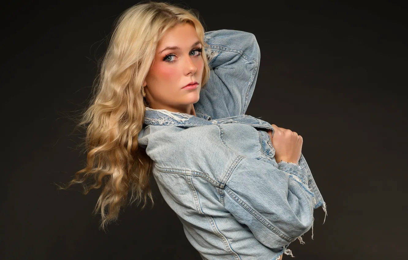 Photo wallpaper look, girl, hair, blonde, Autumn, dzhinsovka