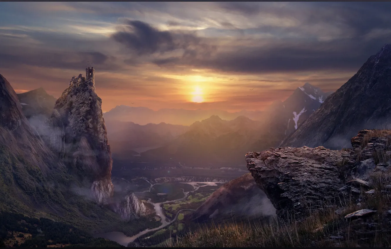 Photo wallpaper the sun, sunset, mountains, river, valley