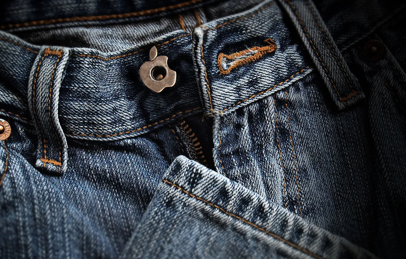 Photo wallpaper macro, creative, apple, jeans, button, logo, brand, jeans