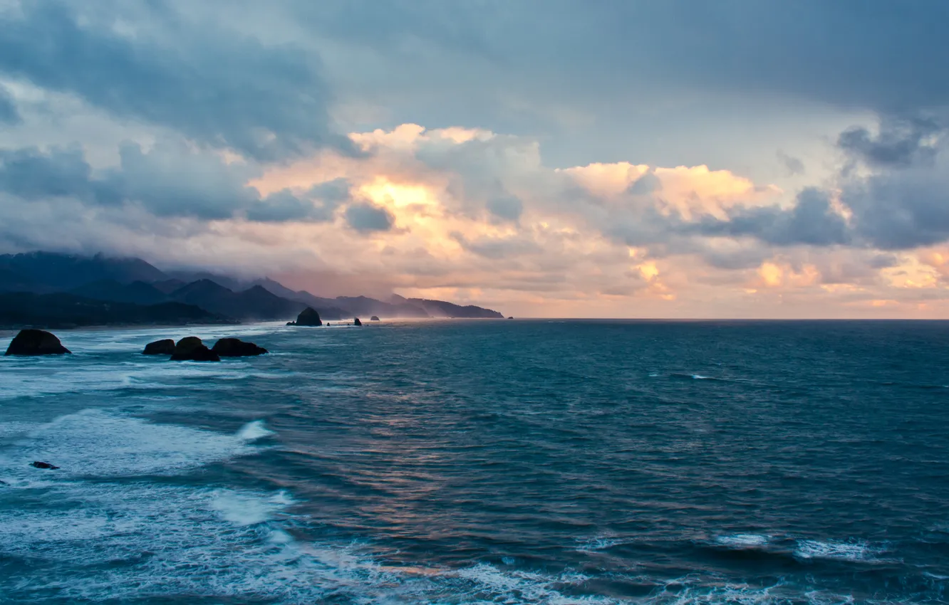 Photo wallpaper sea, wave, the sky, clouds, mountains, stones, the ocean, rocks