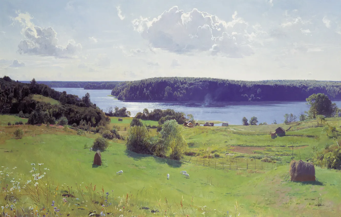 Photo wallpaper forest, summer, the sky, grass, clouds, trees, landscape, flowers