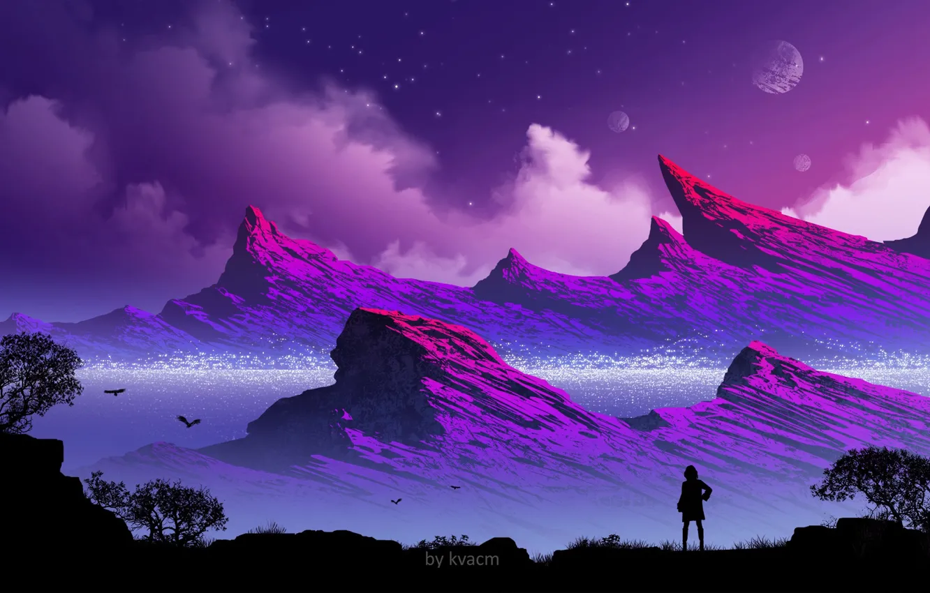 Photo wallpaper girl, mountains, silhouette