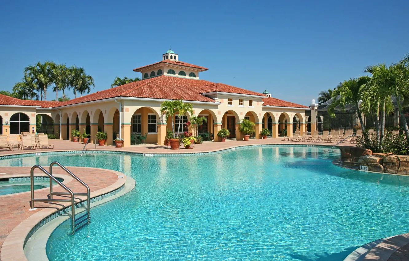 Photo wallpaper style, palm trees, pool, architecture, terrace, landscape design, luxury villa