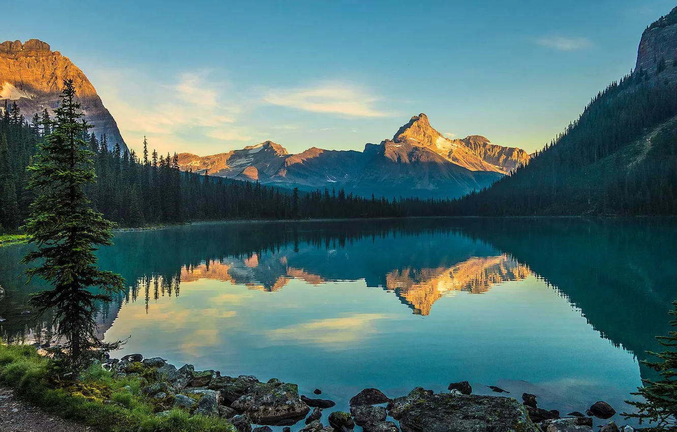 Photo wallpaper forest, clouds, mountains, lake, reflection, blue, stones, shore