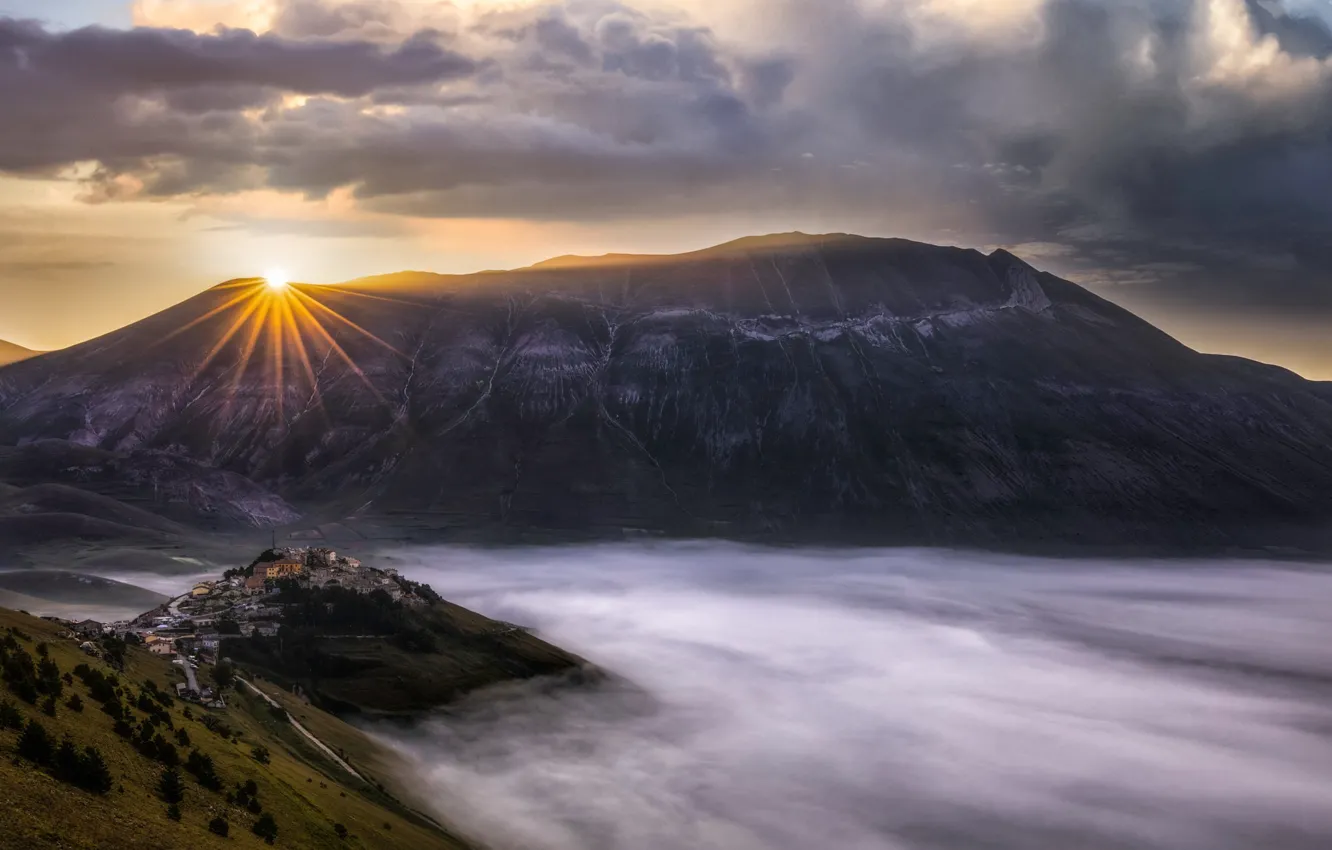 Photo wallpaper settlement, solche, mountains, dawn, height
