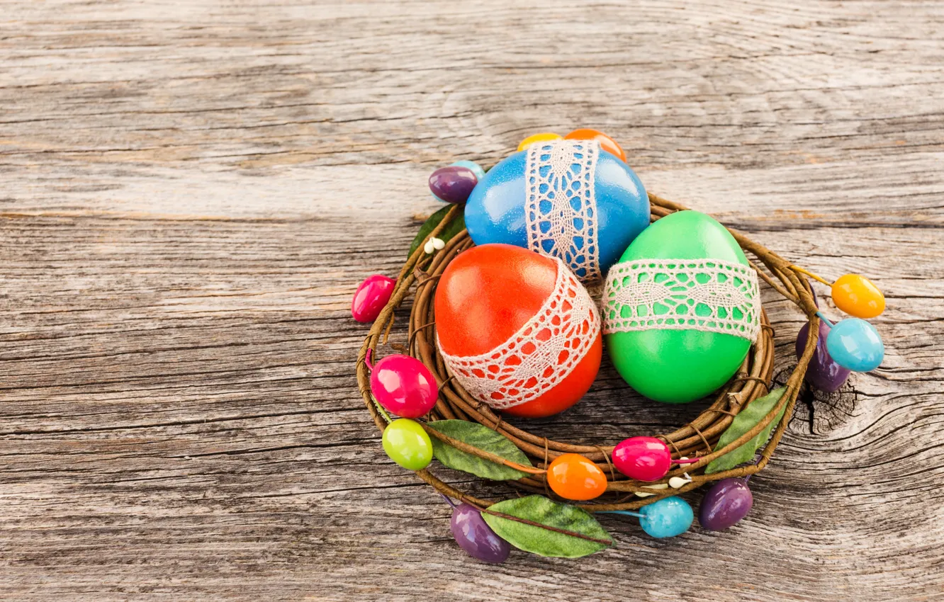 Photo wallpaper eggs, colorful, Easter, happy, wood, Easter, eggs, decoration