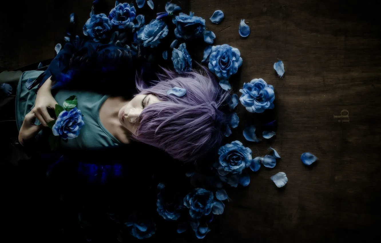 Photo wallpaper flowers, roses, anime, guy, cosplay, blue roses