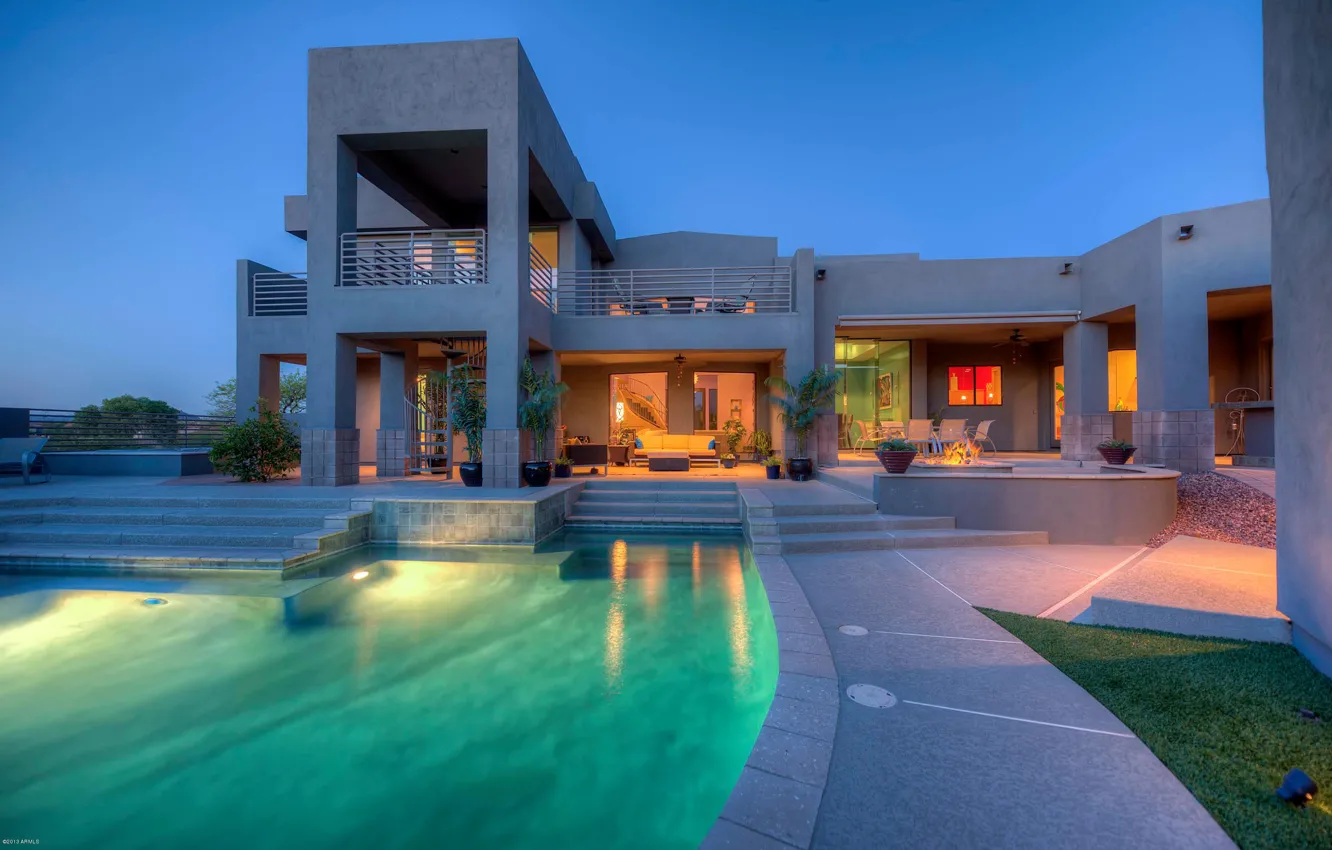 Photo wallpaper Villa, the evening, pool, lighting, architecture, terrace
