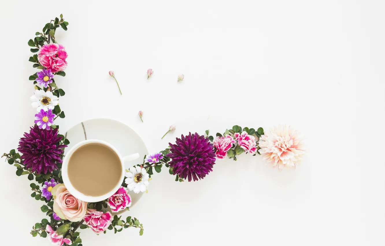 Photo wallpaper flowers, rose, coffee, composition