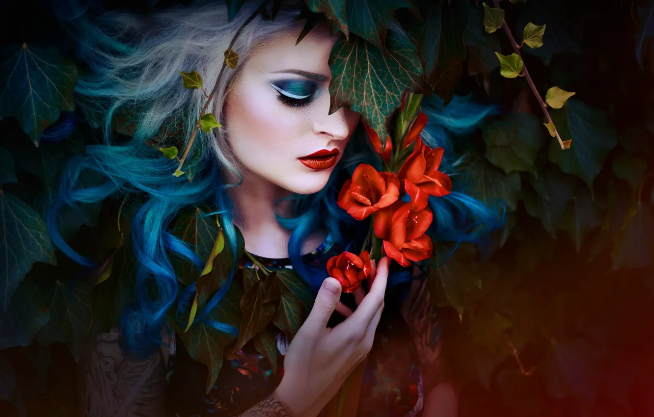 Photo wallpaper flowers, hair, makeup, girl, Melanie Dietze
