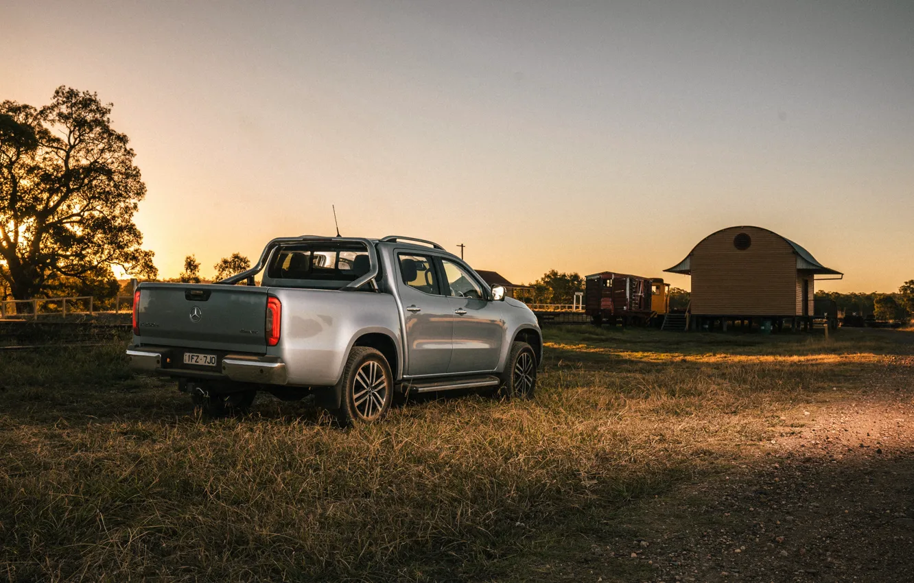 Photo wallpaper grass, Mercedes-Benz, the evening, Parking, pickup, 2018, X-Class, gray-silver