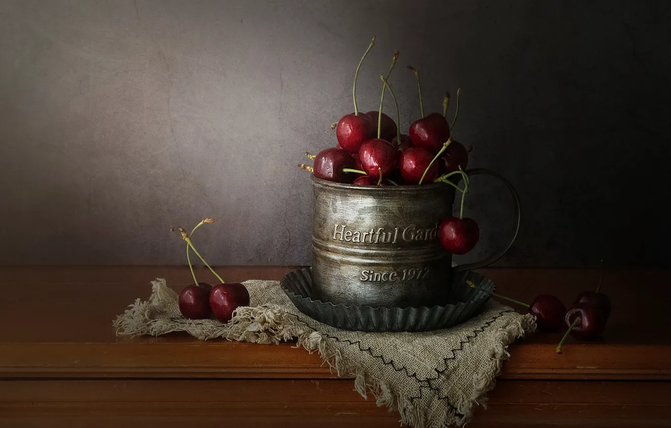 Photo wallpaper cherry, berries, table, mug, still life, burlap, cherry, napkin
