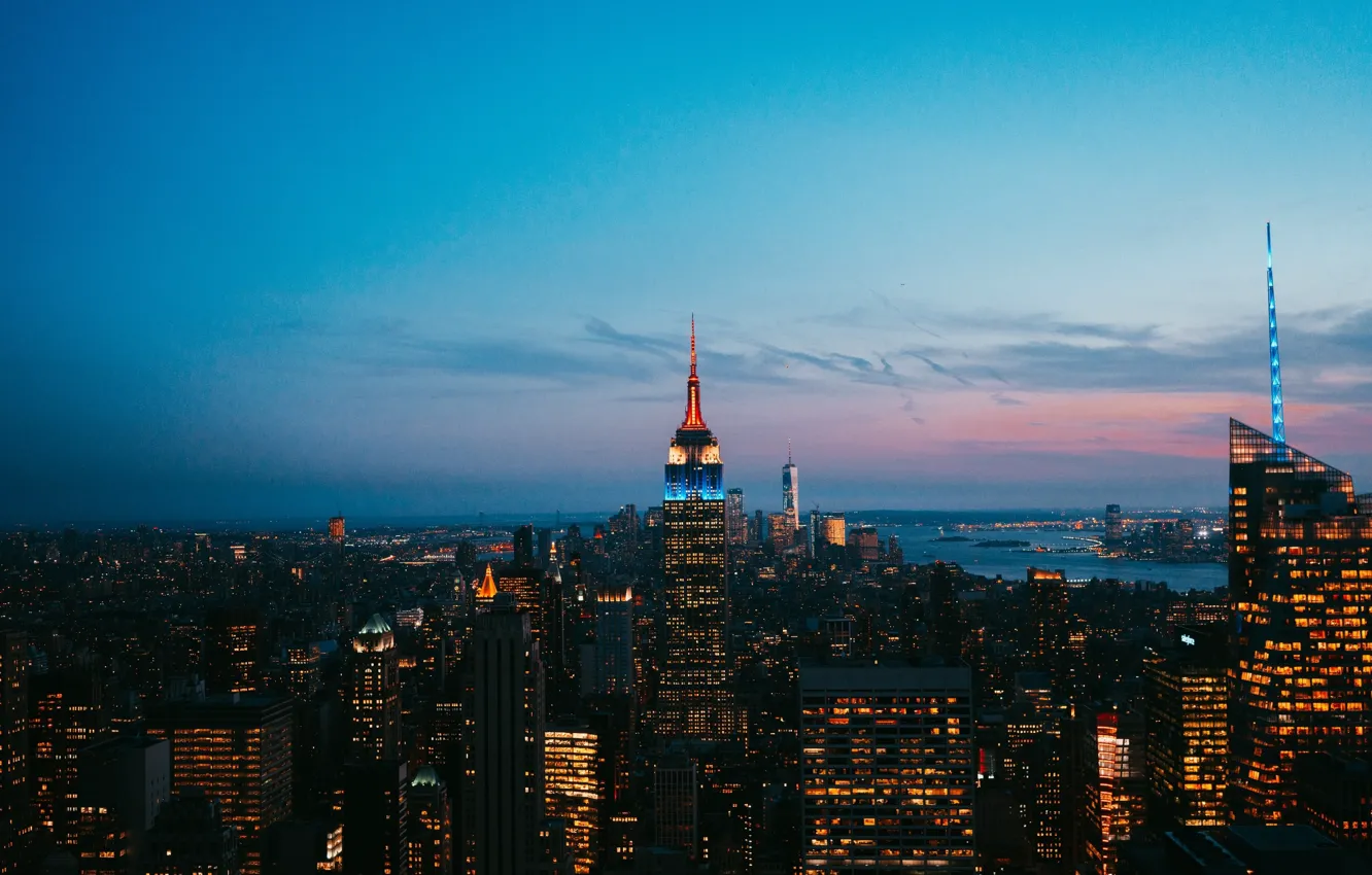 Photo wallpaper city, lights, USA, twilight, sky, night, cloud, New York