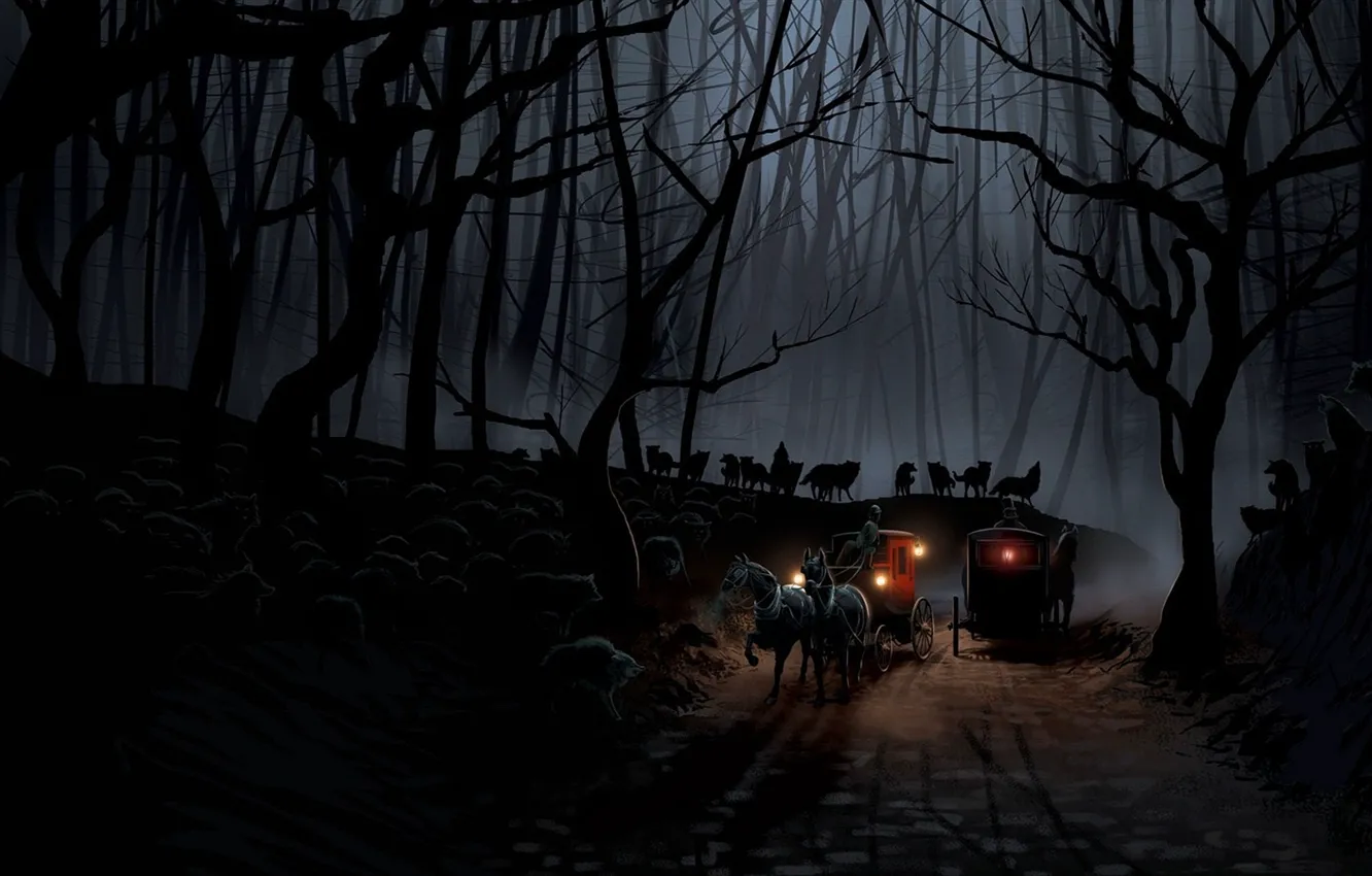 Photo wallpaper road, forest, night, wolves, the crew, coach