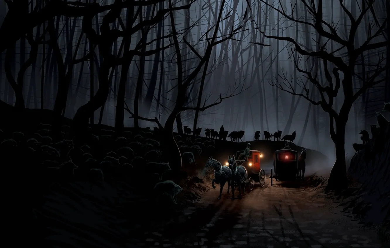 Photo wallpaper road, forest, night, wolf, coach, the crew