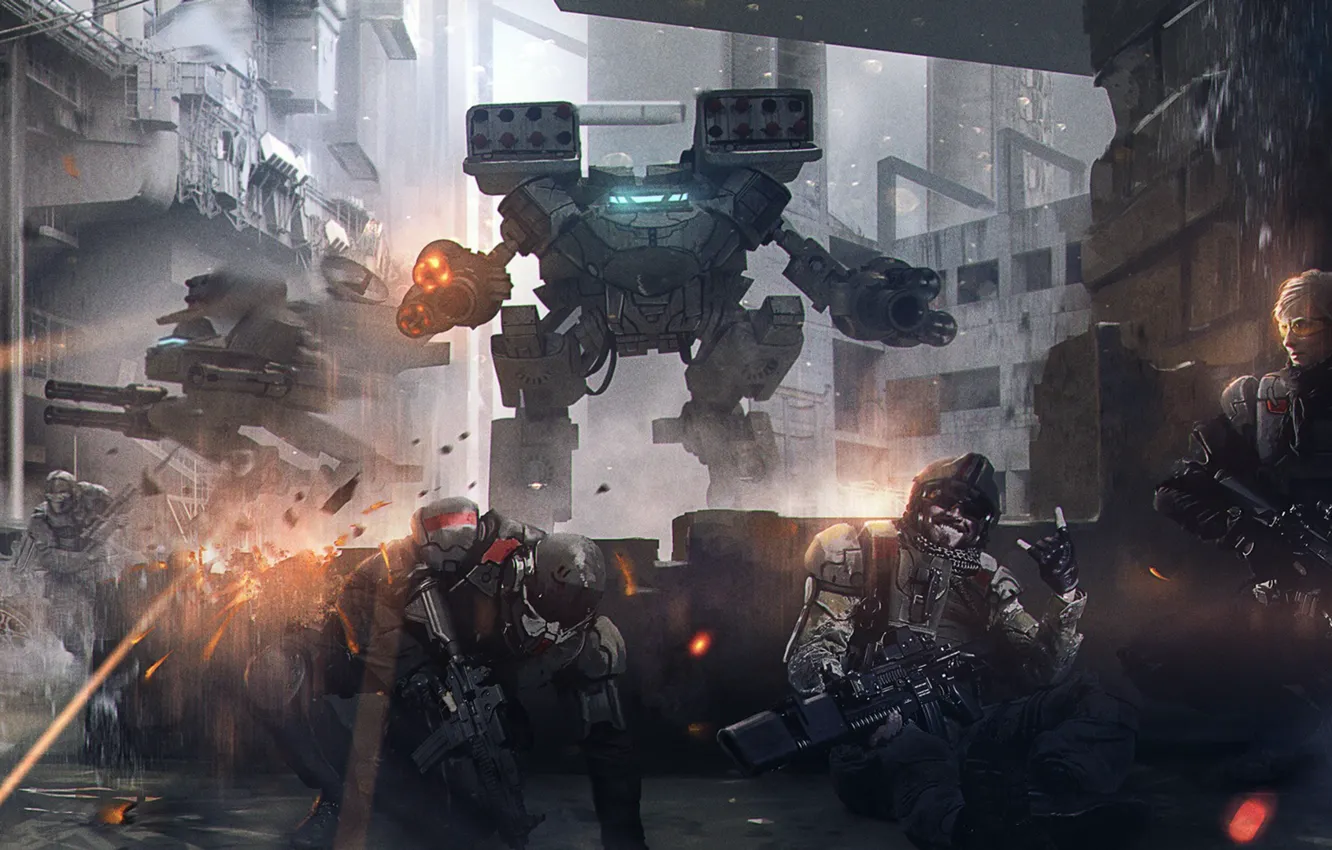 Photo wallpaper the city, fiction, war, street, robot, soldiers, destruction, squad