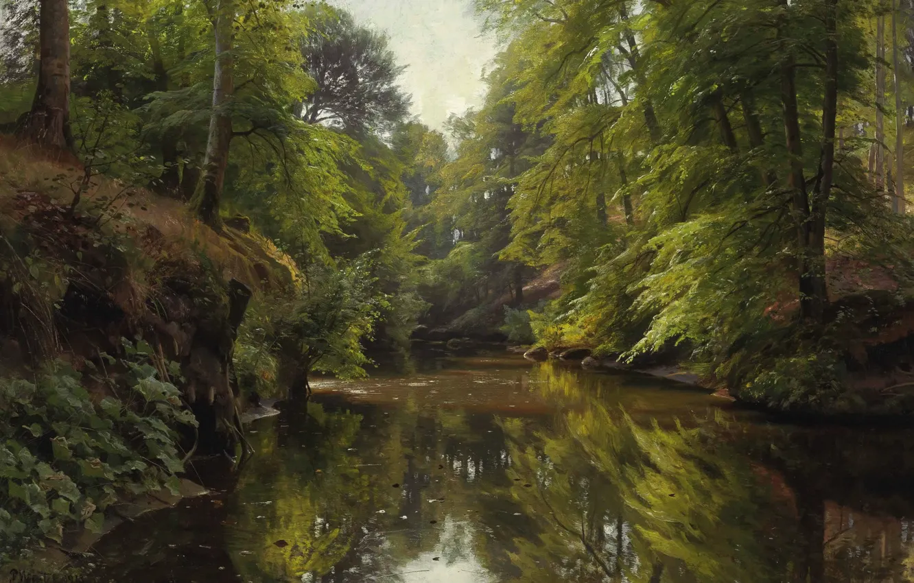 Photo wallpaper nature, picture, Peter Merk Of Menstad, Peder Mørk Mønsted, Forest Landscape with River